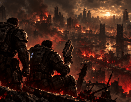 Two Gears Sitting In a Destroyed City Cover for Gears of War: E-Day Best Weapons Tier List